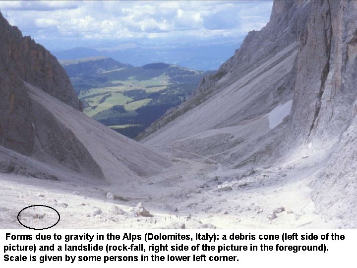 Forms due to gravity in the Alps (Dolomites, Italy): a debris cone (left side