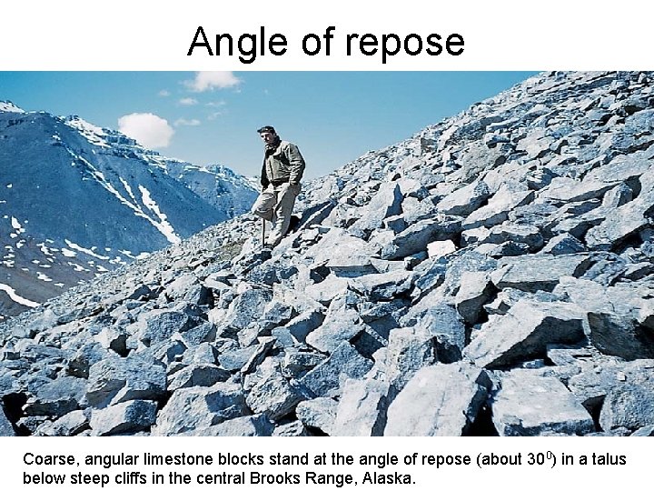 Angle of repose Coarse, angular limestone blocks stand at the angle of repose (about