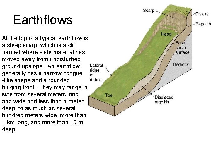 Earthflows At the top of a typical earthflow is a steep scarp, which is