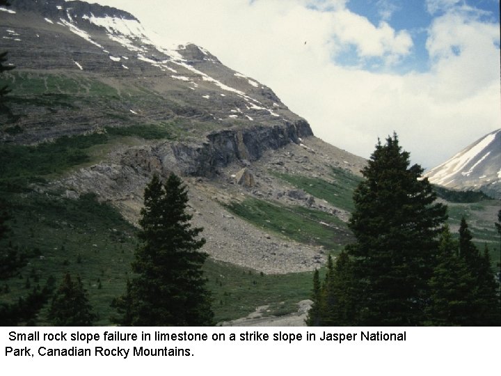 Small rock slope failure in limestone on a strike slope in Jasper National Park,