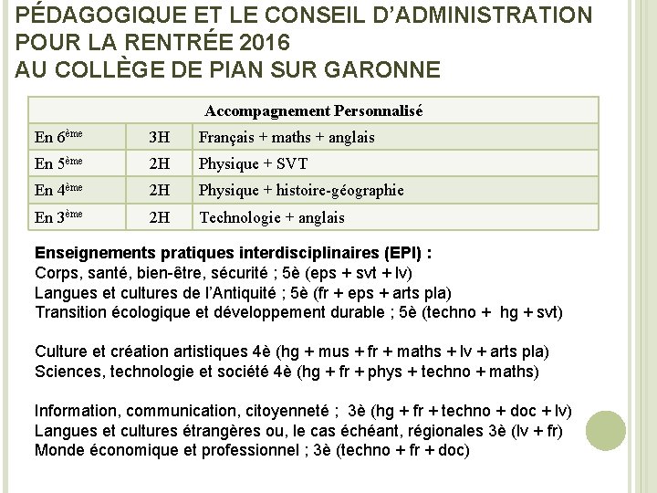 PÉDAGOGIQUE ET LE CONSEIL D’ADMINISTRATION POUR LA RENTRÉE 2016 AU COLLÈGE DE PIAN SUR