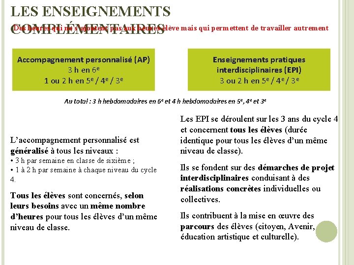 LES ENSEIGNEMENTS Des heures qui ne s’ajoutent pas aux heures-élève mais qui permettent de