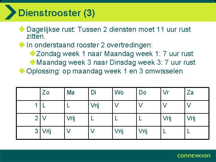 Dienstrooster (3) u Dagelijkse rust: Tussen 2 diensten moet 11 uur rust zitten. u