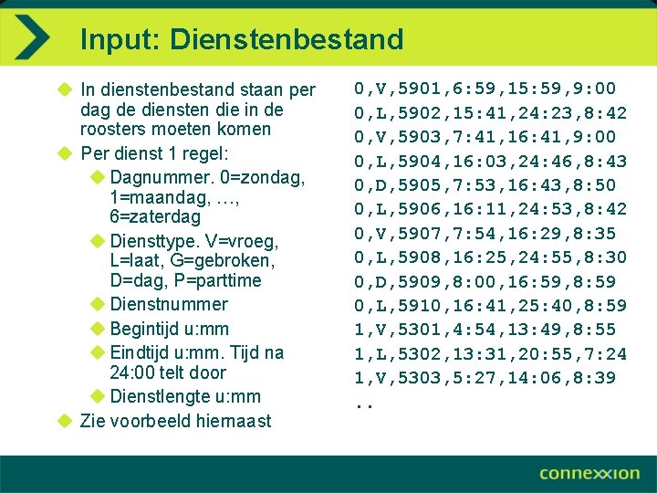 Input: Dienstenbestand u In dienstenbestand staan per dag de diensten die in de roosters
