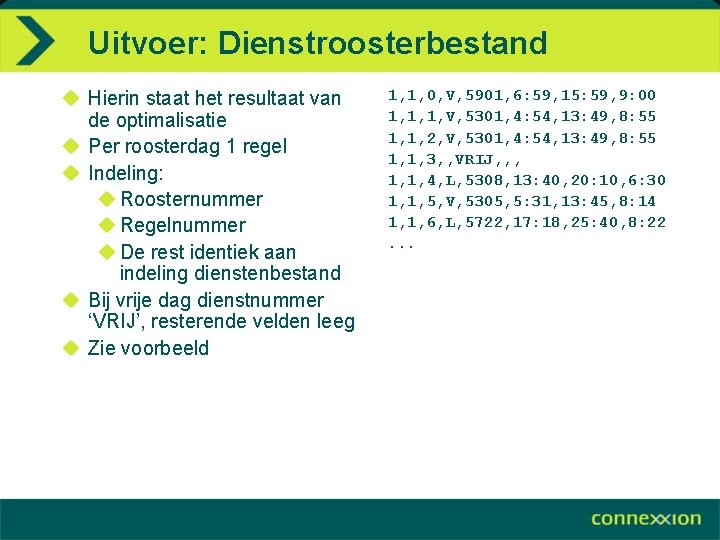 Uitvoer: Dienstroosterbestand u Hierin staat het resultaat van de optimalisatie u Per roosterdag 1