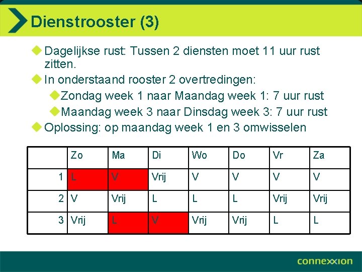Dienstrooster (3) u Dagelijkse rust: Tussen 2 diensten moet 11 uur rust zitten. u