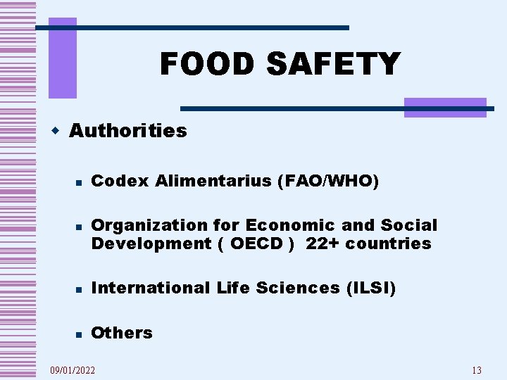 FOOD SAFETY w Authorities n n Codex Alimentarius (FAO/WHO) Organization for Economic and Social