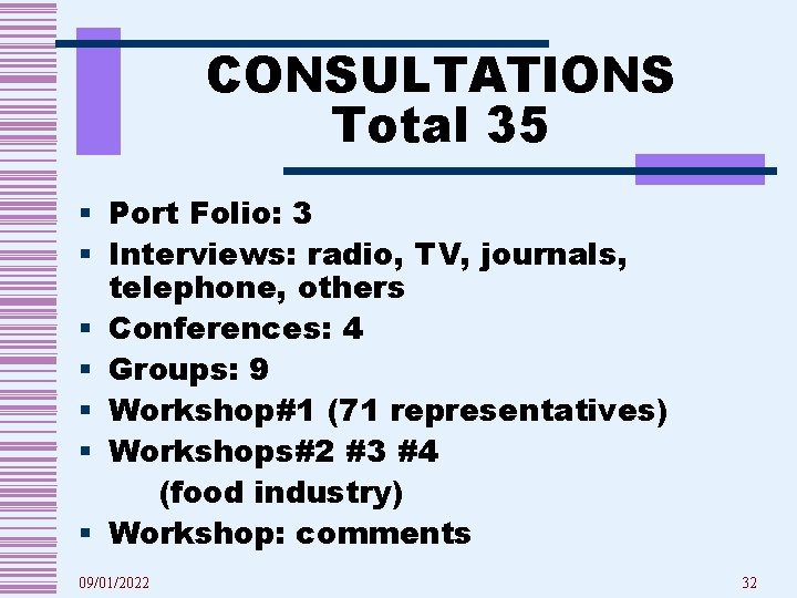 CONSULTATIONS Total 35 § Port Folio: 3 § Interviews: radio, TV, journals, telephone, others