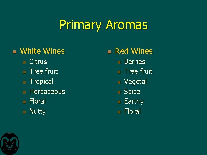 Primary Aromas n White Wines n n n Citrus Tree fruit Tropical Herbaceous Floral