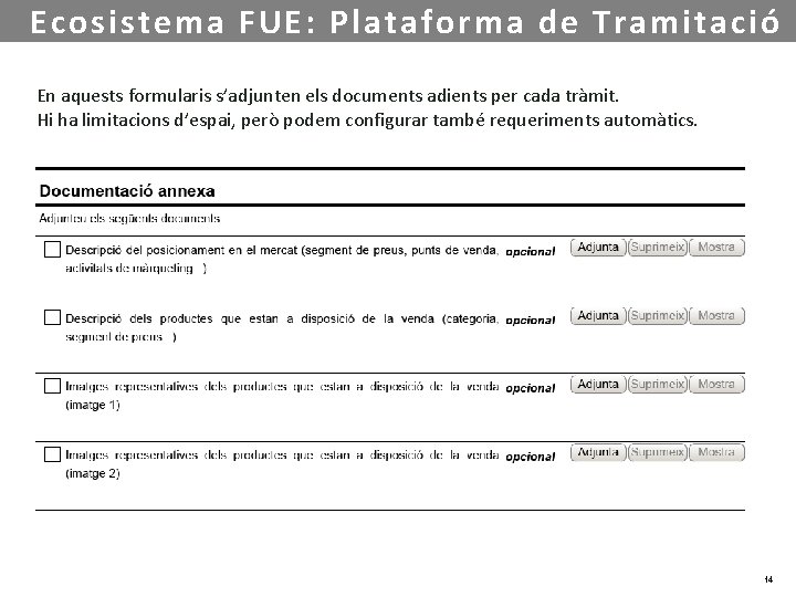 Ecosistema FUE: Plataforma de Tramitació En aquests formularis s’adjunten els documents adients per cada
