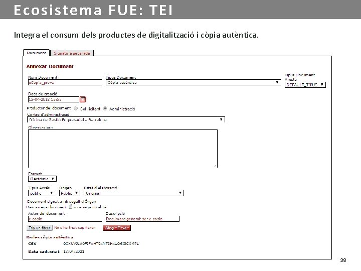 Ecosistema FUE: TEI Integra el consum dels productes de digitalització i còpia autèntica. 38