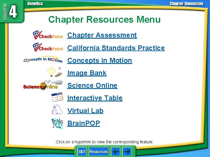 Chapter Resources Menu Chapter Assessment California Standards Practice Concepts in Motion Image Bank Science