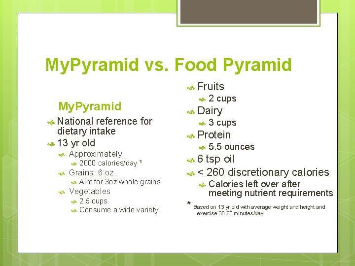 My. Pyramid vs. Food Pyramid Fruits My. Pyramid National reference for dietary intake 13