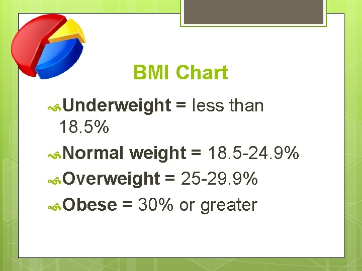 BMI Chart Underweight = less than 18. 5% Normal weight = 18. 5 -24.