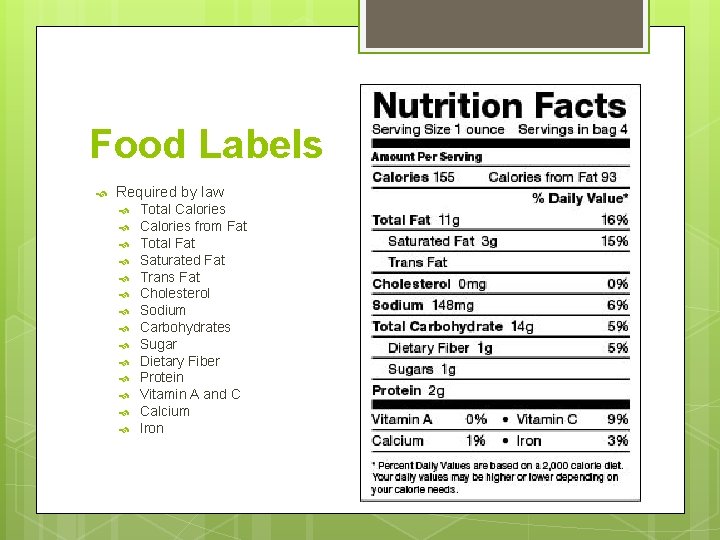 Food Labels Required by law Total Calories from Fat Total Fat Saturated Fat Trans