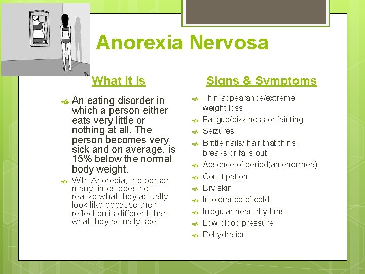 Anorexia Nervosa What it is An eating disorder in which a person either eats