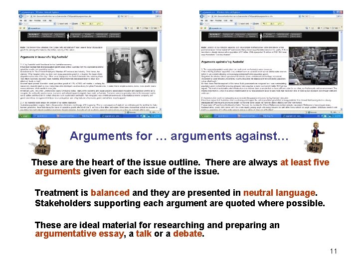Arguments for … arguments against… These are the heart of the issue outline. There