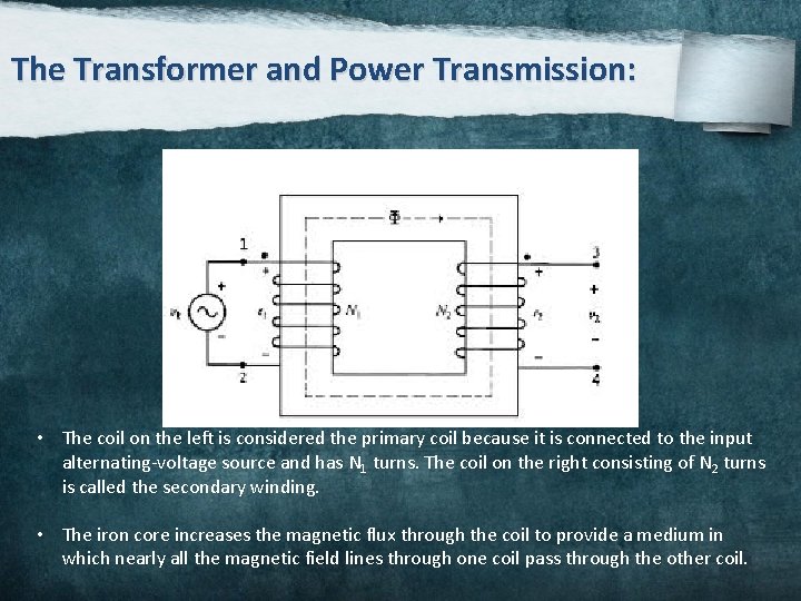 The Transformer and Power Transmission: • The coil on the left is considered the