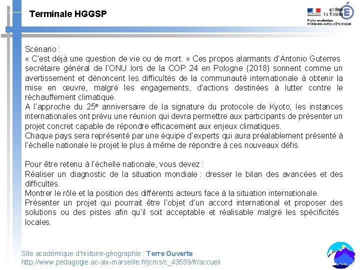 Terminale HGGSP Scénario : « C’est déjà une question de vie ou de mort.