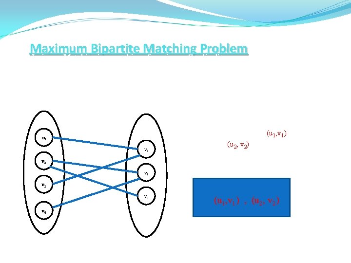 Maximum Bipartite Matching Problem Maximum Matching is a matching of maximum Cardinality. u 1