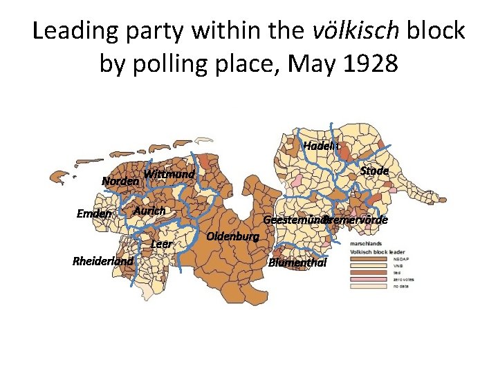 Leading party within the völkisch block by polling place, May 1928 Hadeln Norden Emden