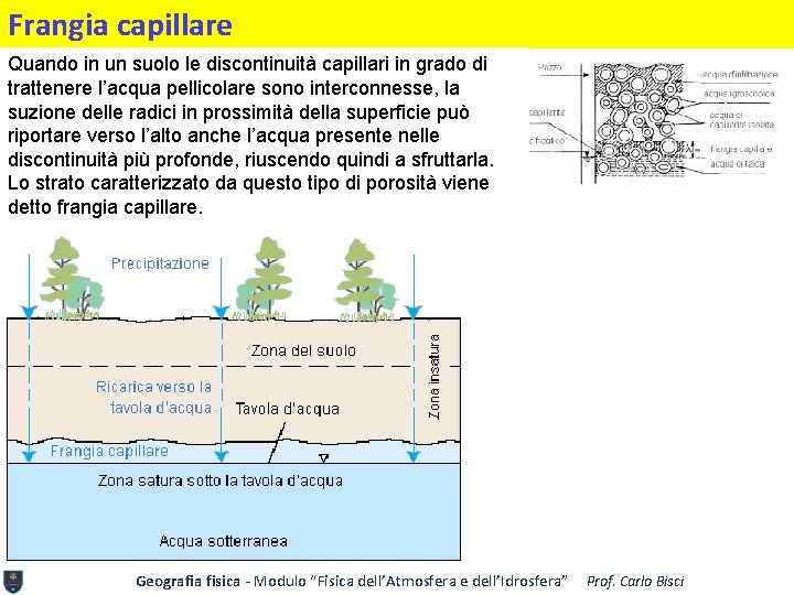 Frangia capillare Quando in un suolo le discontinuità capillari in grado di trattenere l’acqua