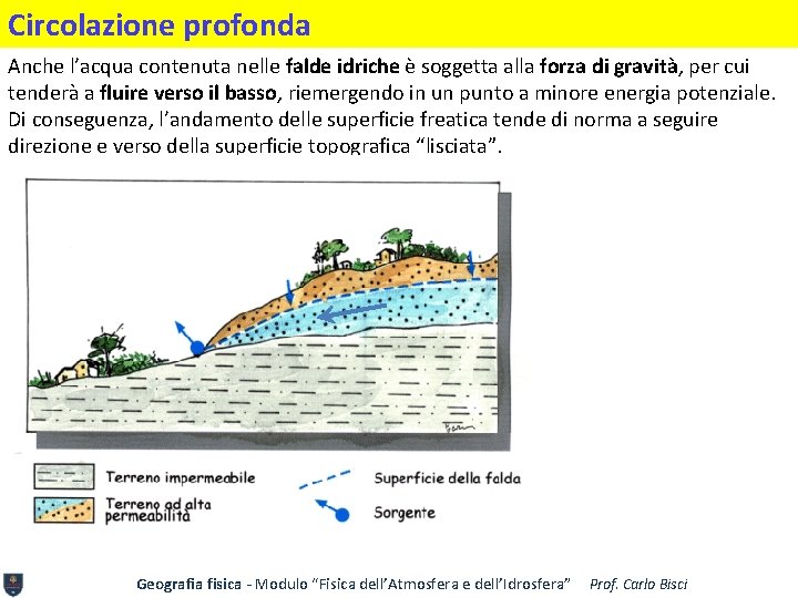 Circolazione profonda Anche l’acqua contenuta nelle falde idriche è soggetta alla forza di gravità,