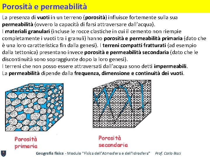 Porosità e permeabilità La presenza di vuoti in un terreno (porosità) influisce fortemente sulla