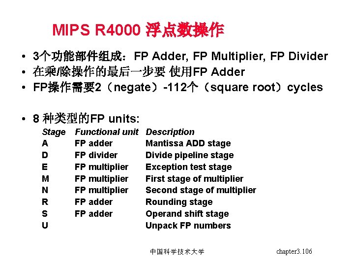 MIPS R 4000 浮点数操作 • 3个功能部件组成：FP Adder, FP Multiplier, FP Divider • 在乘/除操作的最后一步要 使用FP