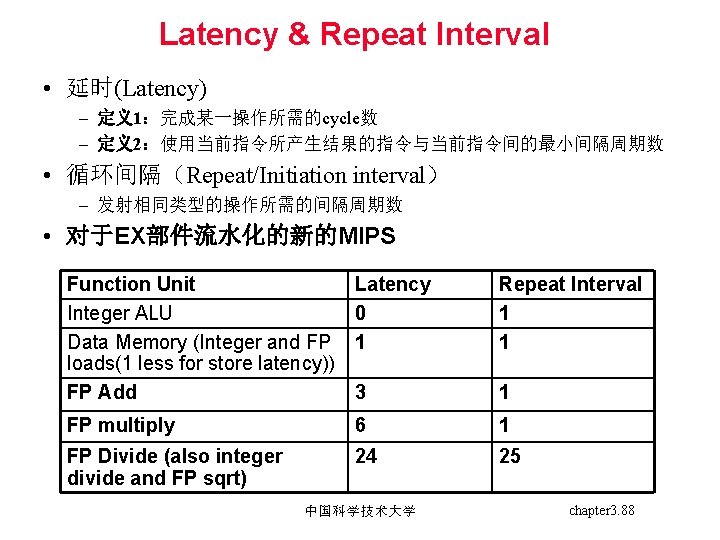 Latency & Repeat Interval • 延时(Latency) – 定义1：完成某一操作所需的cycle数 – 定义2：使用当前指令所产生结果的指令与当前指令间的最小间隔周期数 • 循环间隔（Repeat/Initiation interval） –