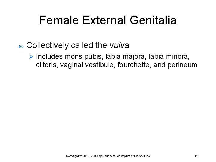 Female External Genitalia Collectively called the vulva Ø Includes mons pubis, labia majora, labia