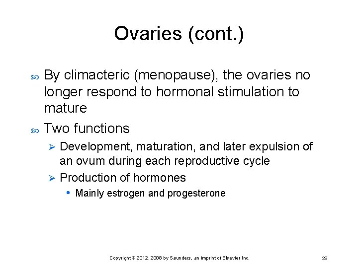 Ovaries (cont. ) By climacteric (menopause), the ovaries no longer respond to hormonal stimulation