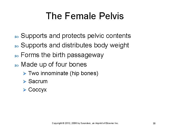The Female Pelvis Supports and protects pelvic contents Supports and distributes body weight Forms