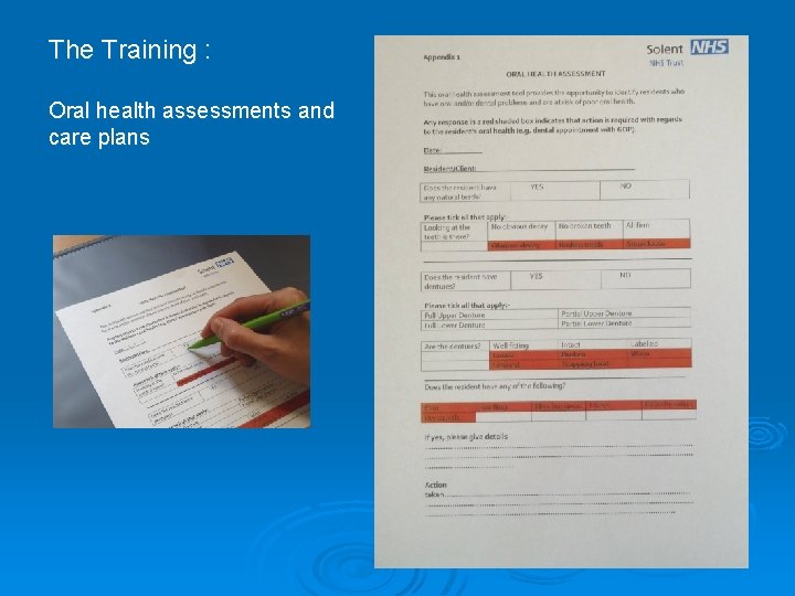 The Training : Oral health assessments and care plans 