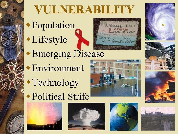 VULNERABILITY w Population w Lifestyle w Emerging Disease w Environment w Technology w Political
