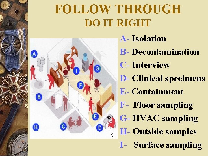 FOLLOW THROUGH DO IT RIGHT A- Isolation B- Decontamination C- Interview D- Clinical specimens