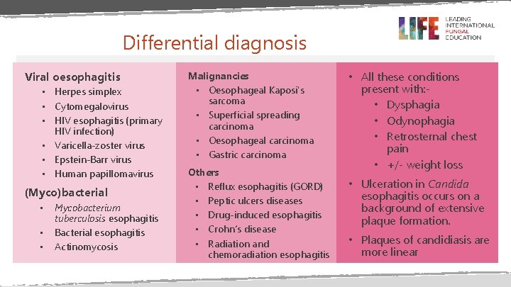 Differential diagnosis Viral oesophagitis • Herpes simplex • Cytomegalovirus • HIV esophagitis (primary HIV