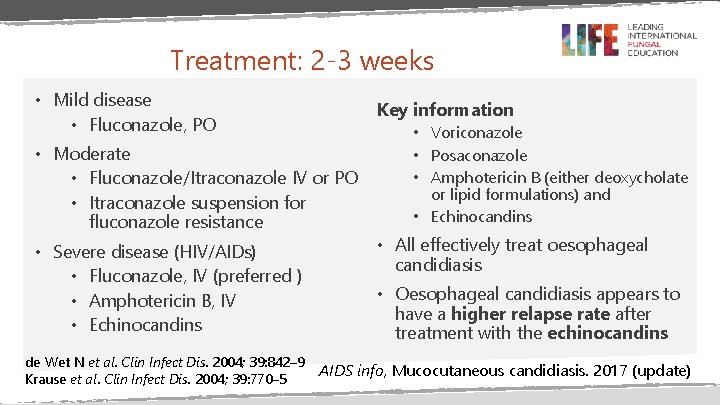 Treatment: 2 -3 weeks • Mild disease • Fluconazole, PO Key information • Moderate