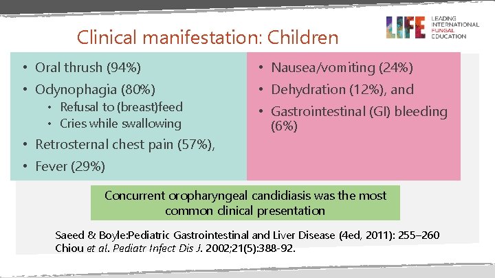 Clinical manifestation: Children • Oral thrush (94%) • Nausea/vomiting (24%) • Odynophagia (80%) •