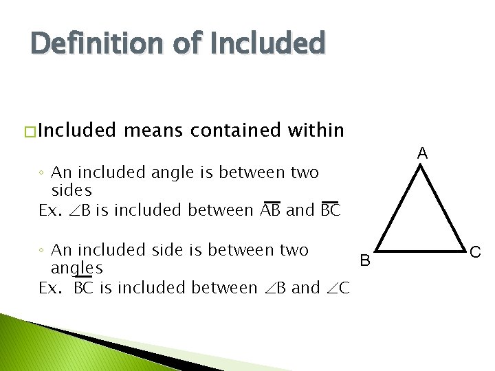 Definition of Included � Included means contained within ◦ An included angle is between