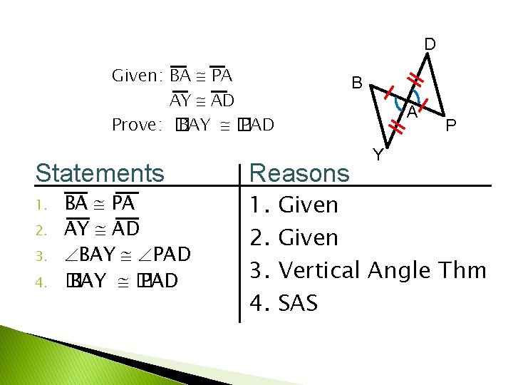 D Given: BA PA AY AD Prove: � BAY � PAD Statements 1. 2.