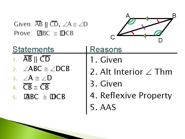 A Given: AB || CD, A D Prove: � ABC � DCB Statements 1.