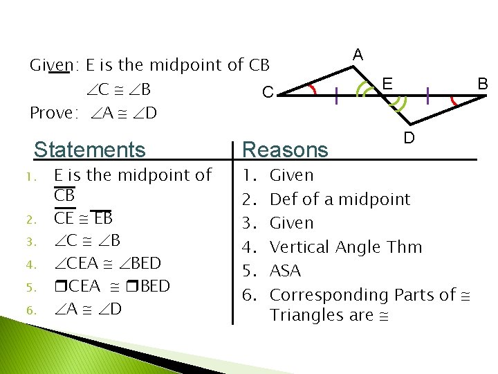Given: E is the midpoint of CB C Prove: A D Statements 1. 2.