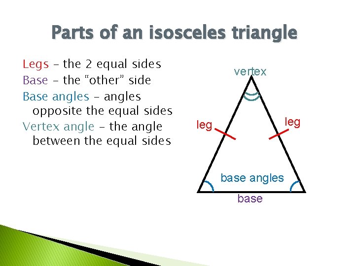 Parts of an isosceles triangle Legs - the 2 equal sides Base - the