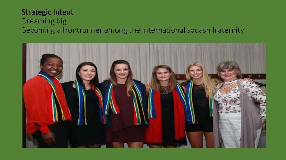 Strategic Intent Dreaming big Becoming a frontrunner among the international squash fraternity 