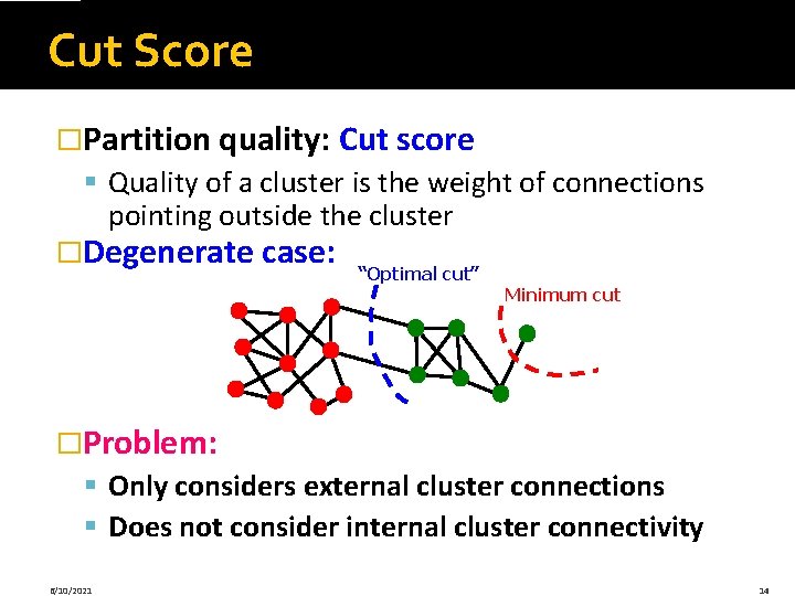 Cut Score �Partition quality: Cut score § Quality of a cluster is the weight