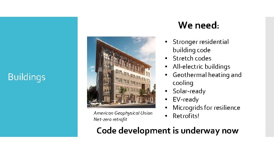 We need: Buildings We American Geophysical Union Net-zero retrofit • Stronger residential building code