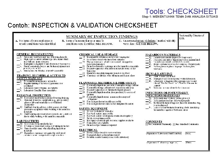 Tools: CHECKSHEET Step-1: MENENTUKAN TEMA DAN ANALISA SITUASI Contoh: INSPECTION & VALIDATION CHECKSHEET 