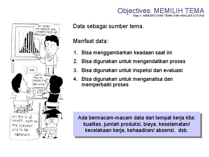 Objectives: MEMILIH TEMA Step-1: MENENTUKAN TEMA DAN ANALISA SITUASI Data sebagai sumber tema. Manfaat