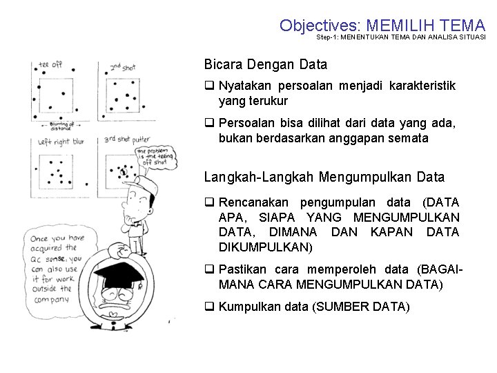 Objectives: MEMILIH TEMA Step-1: MENENTUKAN TEMA DAN ANALISA SITUASI Bicara Dengan Data q Nyatakan